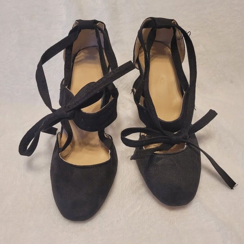 Black Suede Lace Up Block Heel Dress Shoes Sz 8.5 EU 39 Women’s Round Toe Pumps - Picture 3 of 9